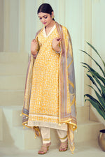 Load image into Gallery viewer, Yellow Pure Cotton Block Print Katha Work Daily Wear Suit
