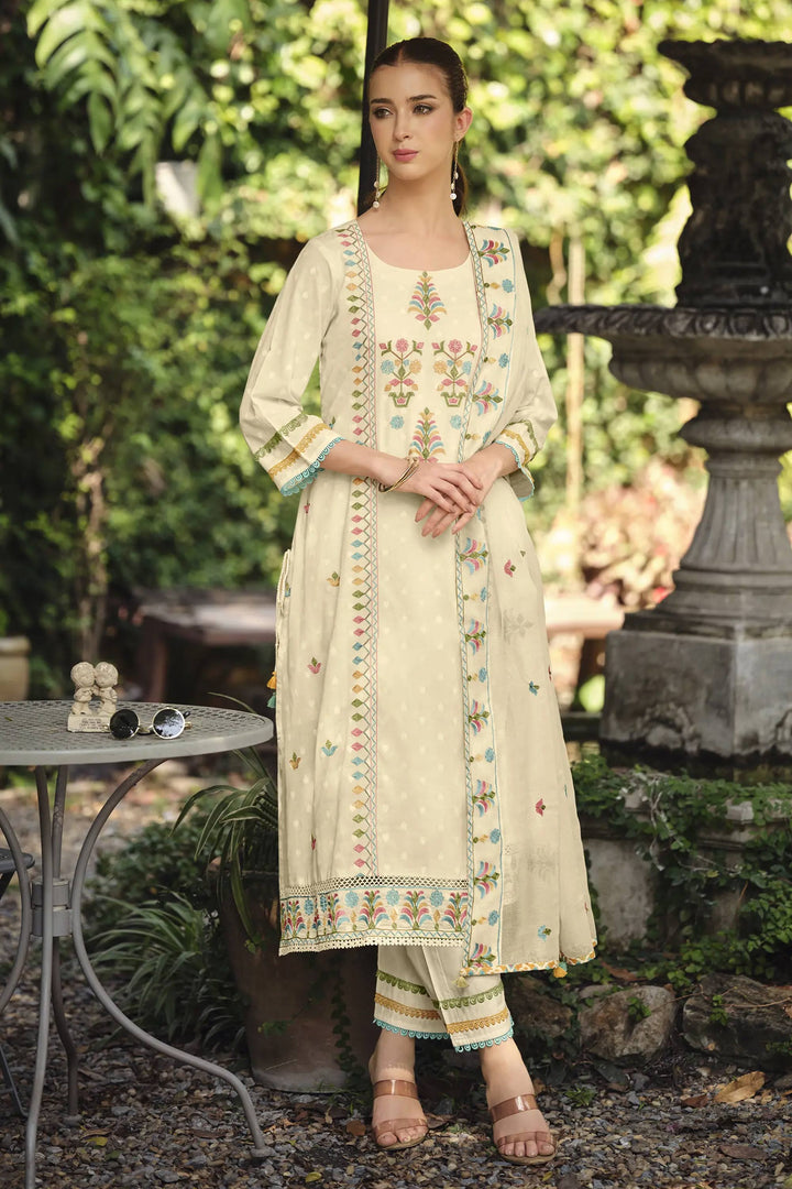 Elegant Cotton Jacquard Embroidery Work Straight Cut Salwar Suit