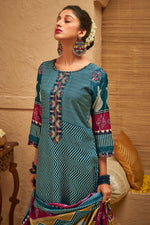 Load image into Gallery viewer, Pure Muslin Silk Gold Lining Digital Print Teal Long Salwar Suit