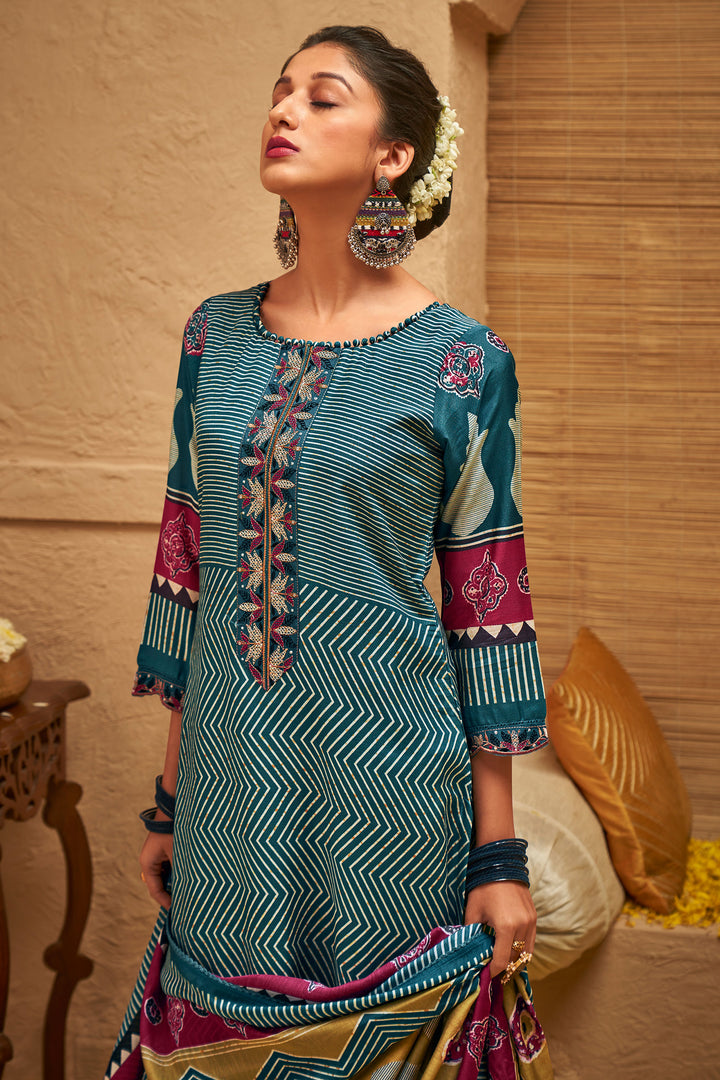 Pure Muslin Silk Gold Lining Digital Print Teal Long Salwar Suit