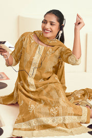 Brown Color Pure Cotton Embroidery Block Print Suit