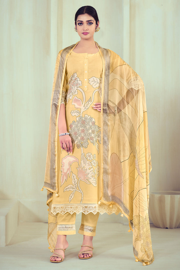 Cream Pure Cotton Digital Print Casual Salwar Suit