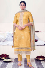 Load image into Gallery viewer, Yellow Pure Muslin Shimmer Digital Print With Embroidery Work Designer Salwar Kameez
