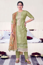 Load image into Gallery viewer, Green Pure Muslin Shimmer Digital Print With Embroidery Work Designer Salwar Suit
