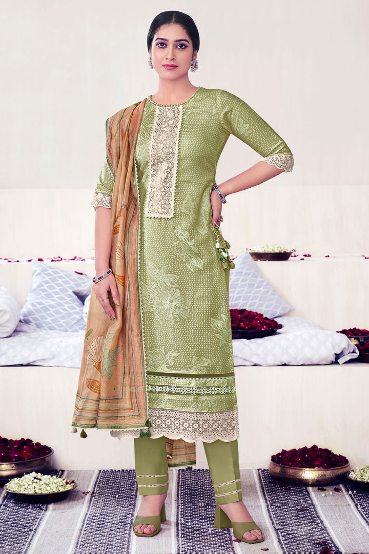 Green Pure Muslin Shimmer Digital Print With Embroidery Work Designer Salwar Suit