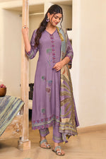 Load image into Gallery viewer, Purple Pure Checks Muslin Silk Designer Suit
