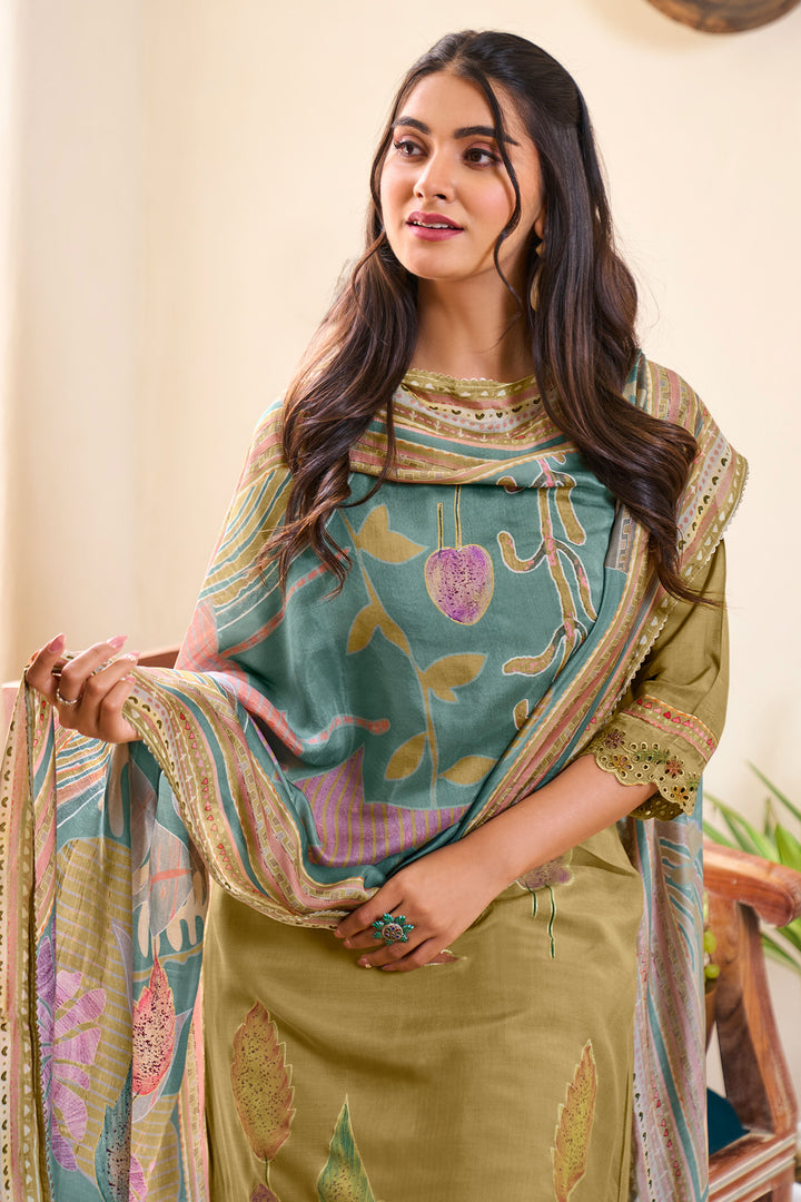 Khaki Pure Checks Muslin Silk Designer Dress