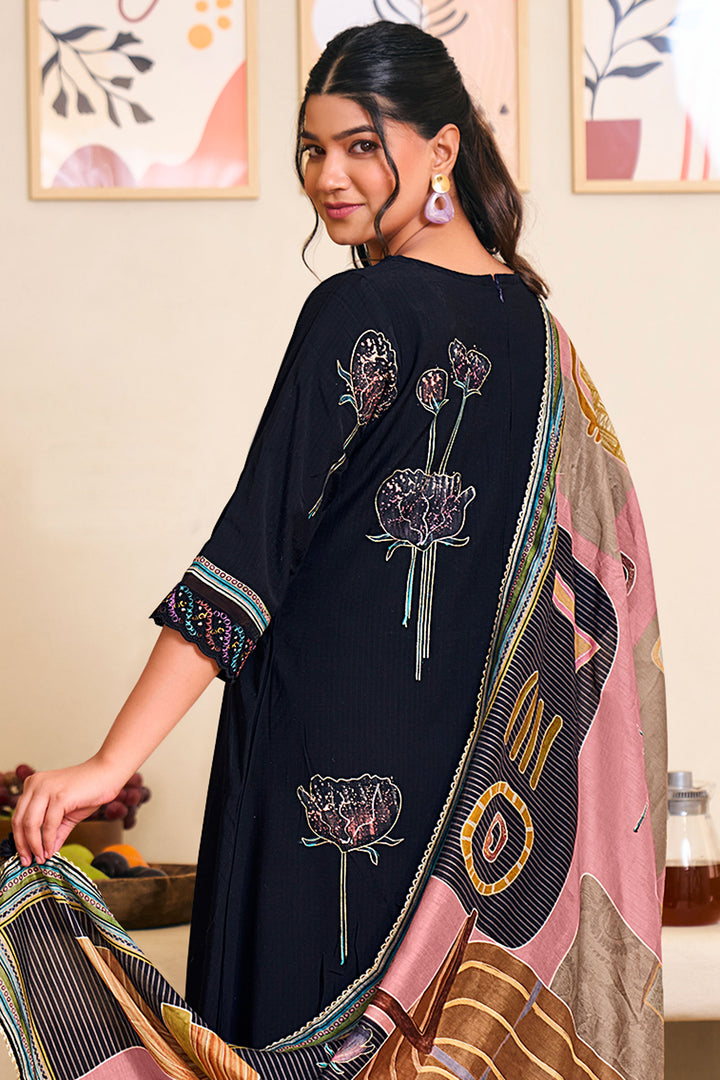 Pure Checks Muslin Silk Designer Salwar Kameez In Black Color
