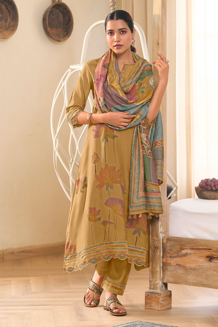 Pure Checks Muslin Silk Designer Salwar Suit In Brown Color