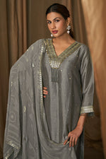 Load image into Gallery viewer, Bemberg Slub Grey Stylish Sequence Embroidered Designer Suit
