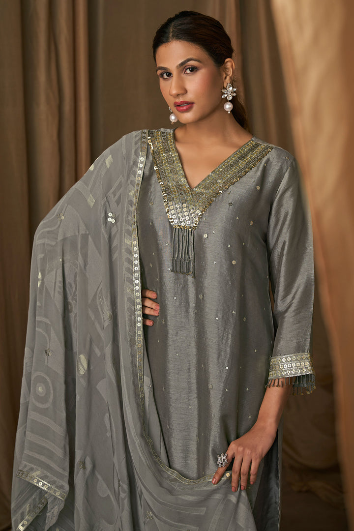 Bemberg Slub Grey Stylish Sequence Embroidered Designer Suit