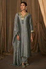 Load image into Gallery viewer, Bemberg Slub Grey Stylish Sequence Embroidered Designer Suit
