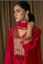 Load image into Gallery viewer, Bemberg Slub Sequence Embroidered Designer Dress In Red Color
