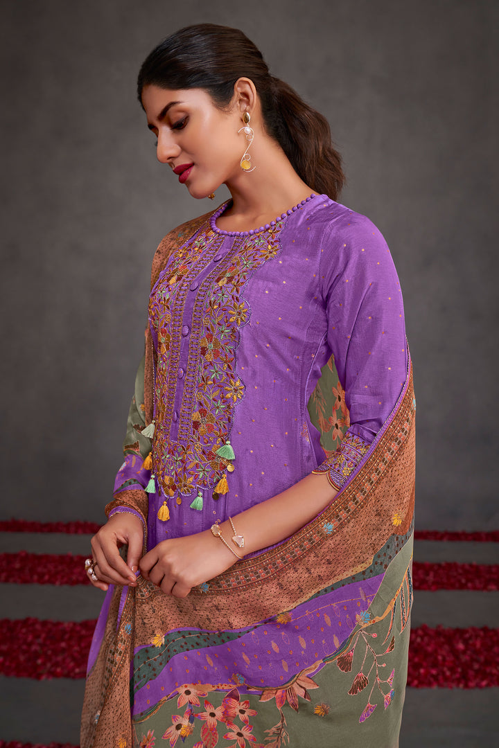 Lavender Pure Muslin Silk Jacquard Gold Print Patch Work Function Wear Designer Salwar Kameez