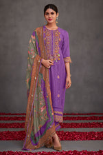 Load image into Gallery viewer, Lavender Pure Muslin Silk Jacquard Gold Print Patch Work Function Wear Designer Salwar Kameez
