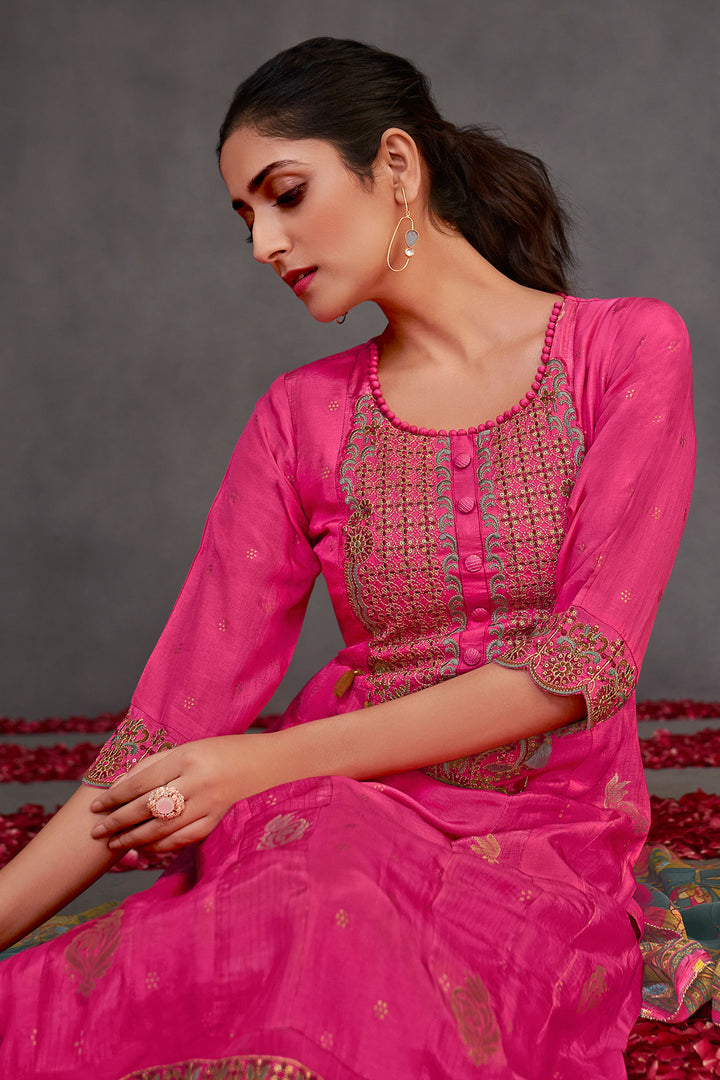 Rani Pure Muslin Silk Jacquard Gold Print Patch Work Function Wear Designer Salwar Suit