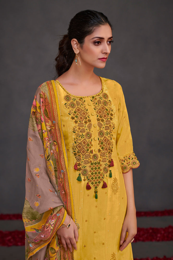 Pure Muslin Silk Jacquard Gold Print Patch Work Function Wear Designer Salwar Kameez In Yellow Color