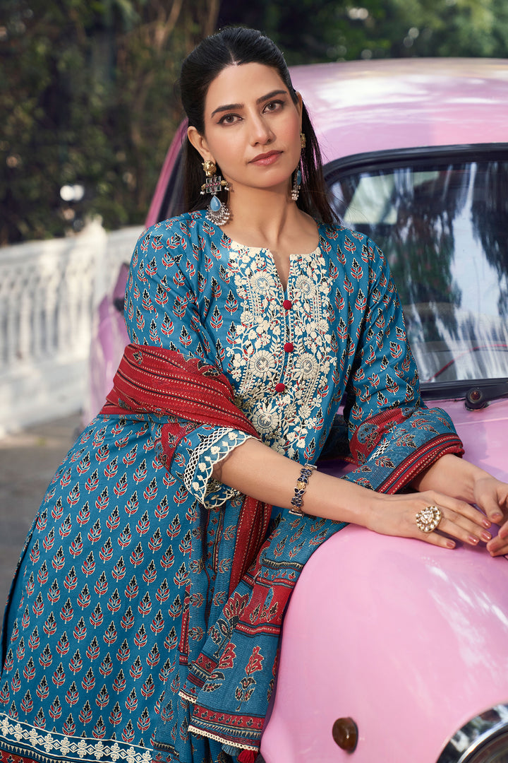 Teal Premium Cotton Hand Block Print Casual Suit