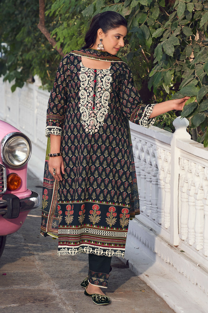Cotton Hand Block Print Casual Salwar Kameez In Black Color