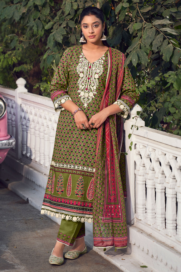 Green Cotton Hand Block Print Casual Salwar Suit
