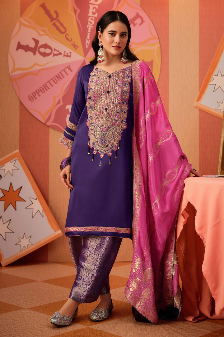 Elegant Bemberg Modal Satin Patchwork Designer Salwar Kameez