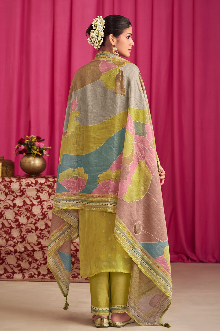 Mehendi Green Pure Premium Fancy Jacquard Georgette Placement Embroidery Work Long Salwar Suit