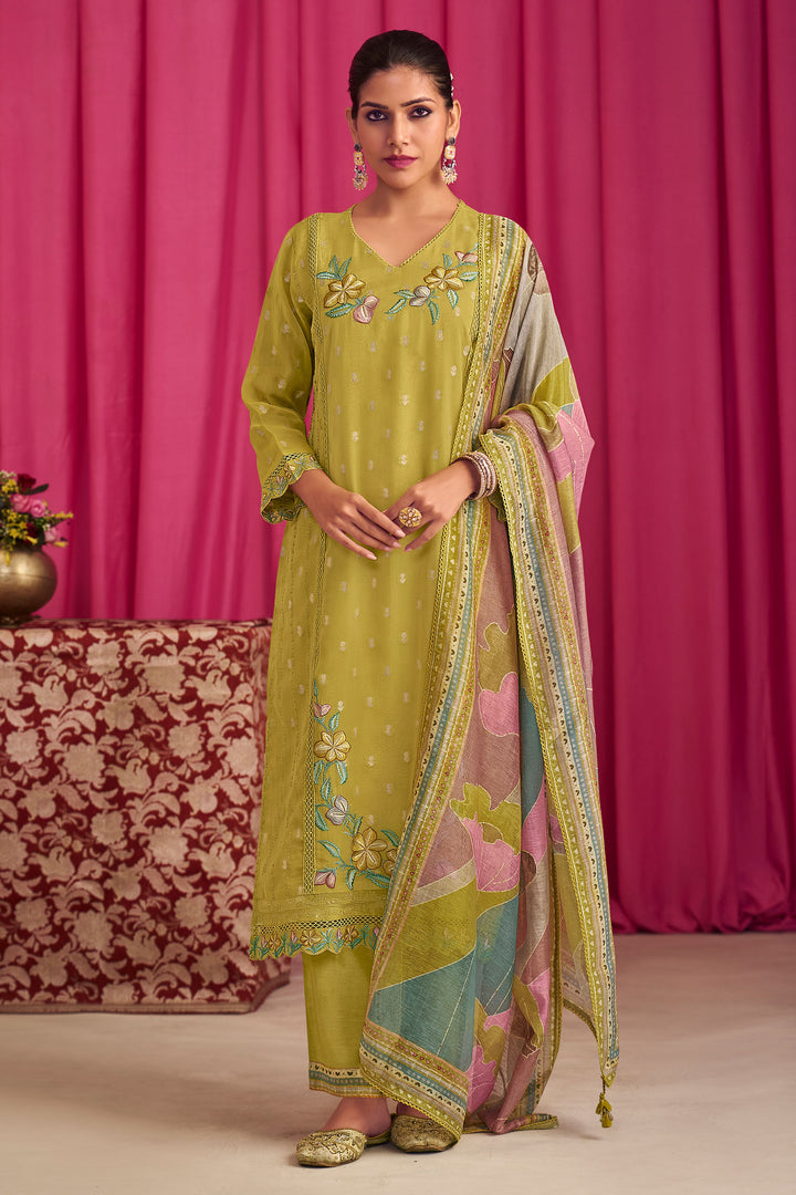 Mehendi Green Pure Premium Fancy Jacquard Georgette Placement Embroidery Work Long Salwar Suit