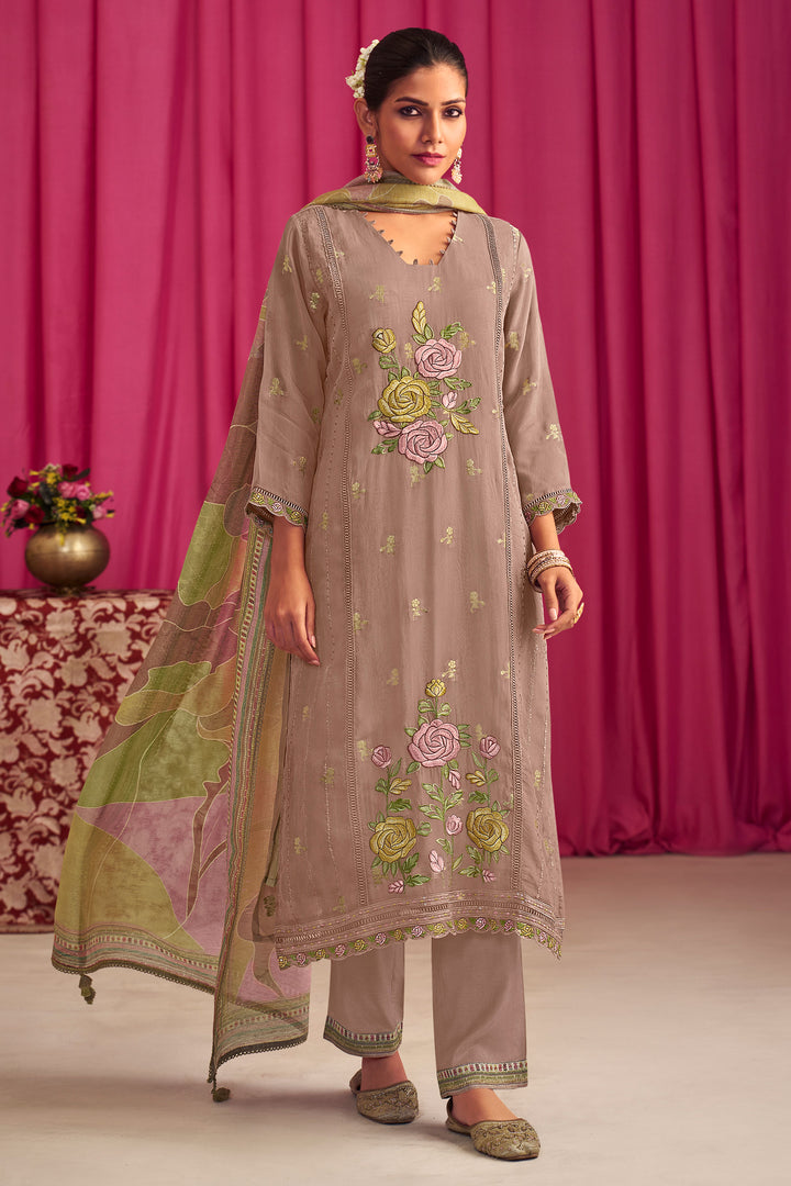 Beige Pure Premium Fancy Jacquard Georgette Placement Embroidery Work Long Dress