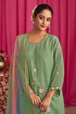Load image into Gallery viewer, Premium Fancy Jacquard Georgette Placement Embroidery Work Long Salwar Kameez In Sea Green Color
