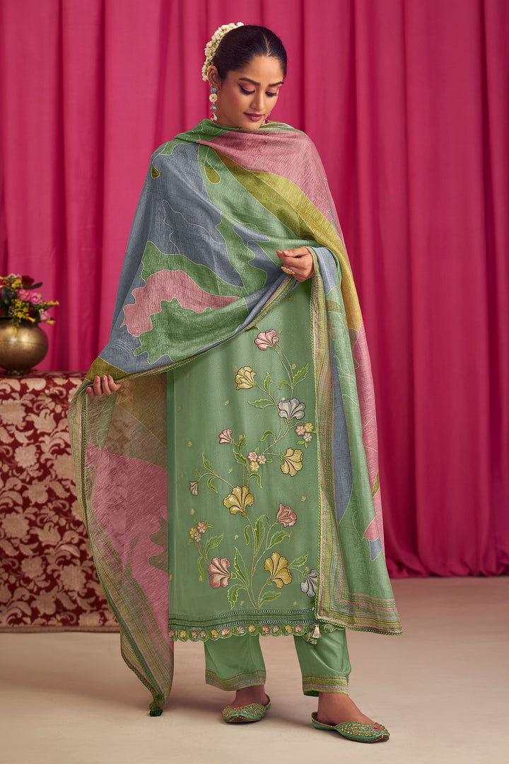 Premium Fancy Jacquard Georgette Placement Embroidery Work Long Salwar Kameez In Sea Green Color