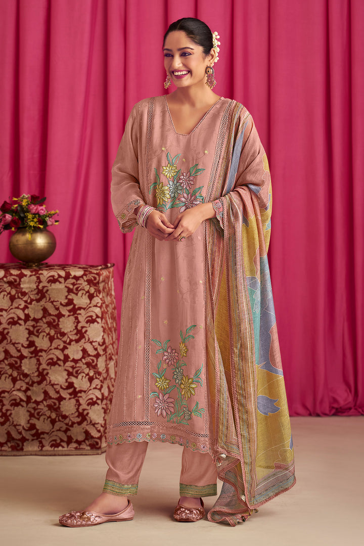 Peach Fancy Jacquard Georgette Placement Embroidery Work Long Salwar Suit