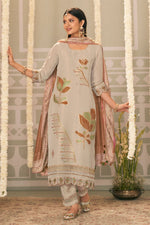 Load image into Gallery viewer, Beige Pure Tissue Jacquard Fancy Embroidered Designer Straight Cut Salwar Suit