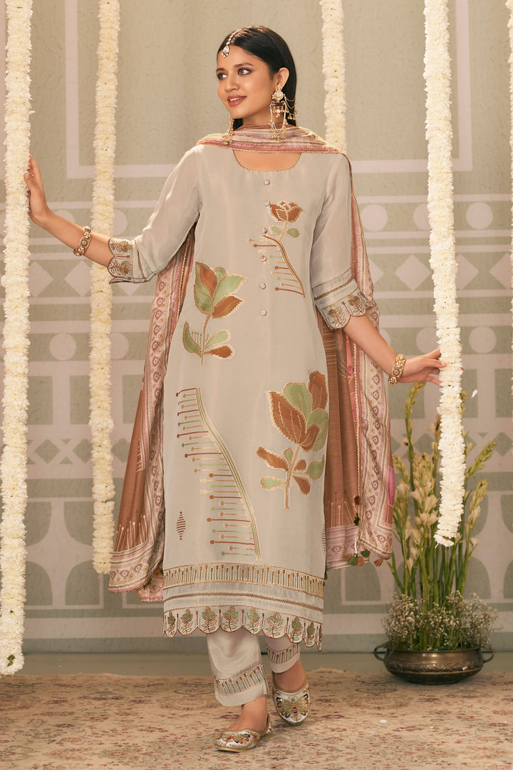 Beige Pure Tissue Jacquard Fancy Embroidered Designer Straight Cut Salwar Suit