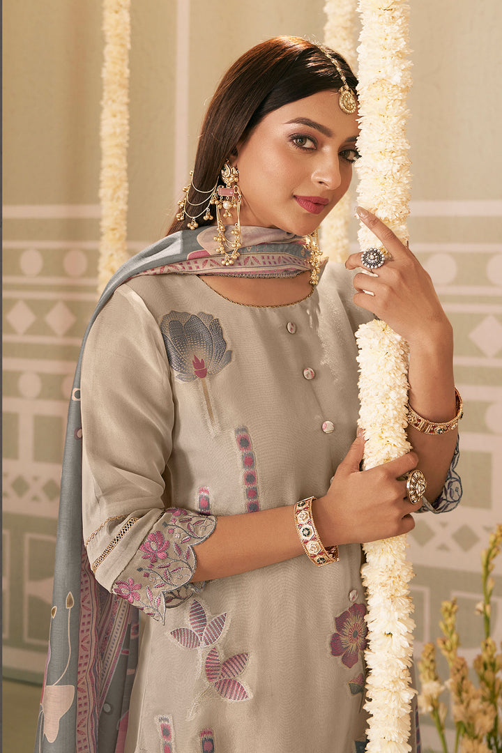 BeigeTissue Jacquard Fancy Embroidered Designer Straight Cut Suit