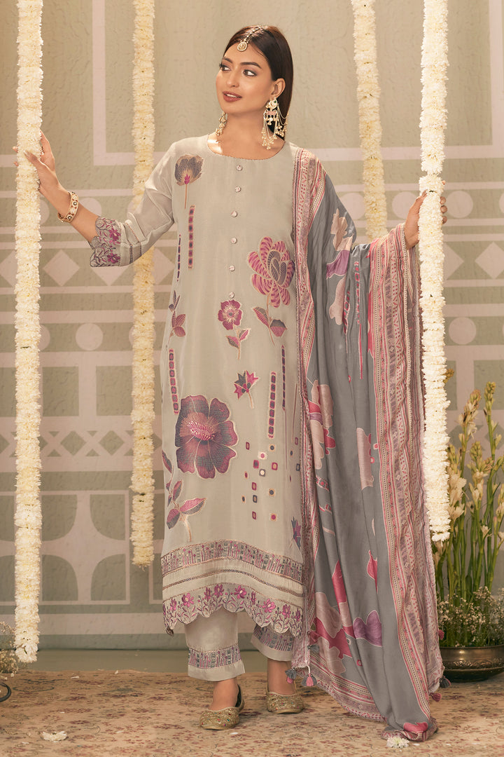 BeigeTissue Jacquard Fancy Embroidered Designer Straight Cut Suit