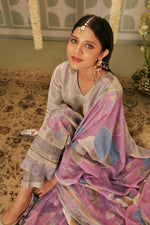 Load image into Gallery viewer, Tissue Jacquard Fancy Embroidered Designer Straight Cut Salwar Kameez In Beige Color