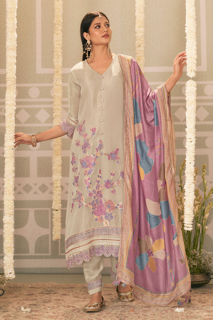 Tissue Jacquard Fancy Embroidered Designer Straight Cut Salwar Kameez In Beige Color