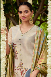 Beige Pure Tissue Jacquard Fancy Embroidered Designer Straight Cut Salwar Kameez
