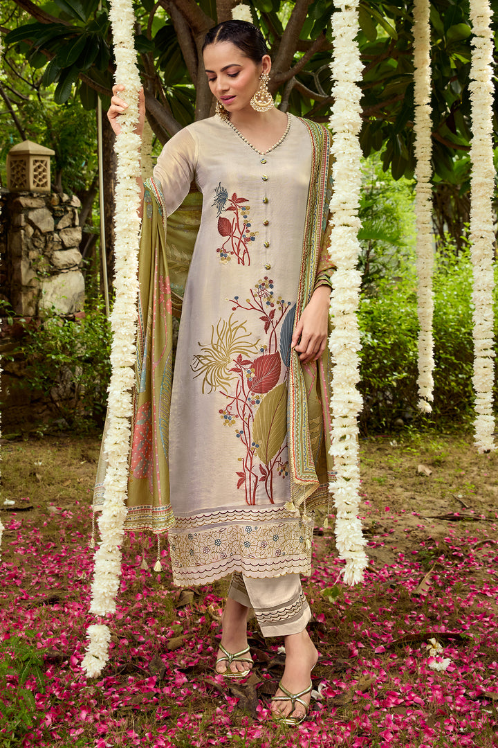 Beige Pure Tissue Jacquard Fancy Embroidered Designer Straight Cut Salwar Kameez