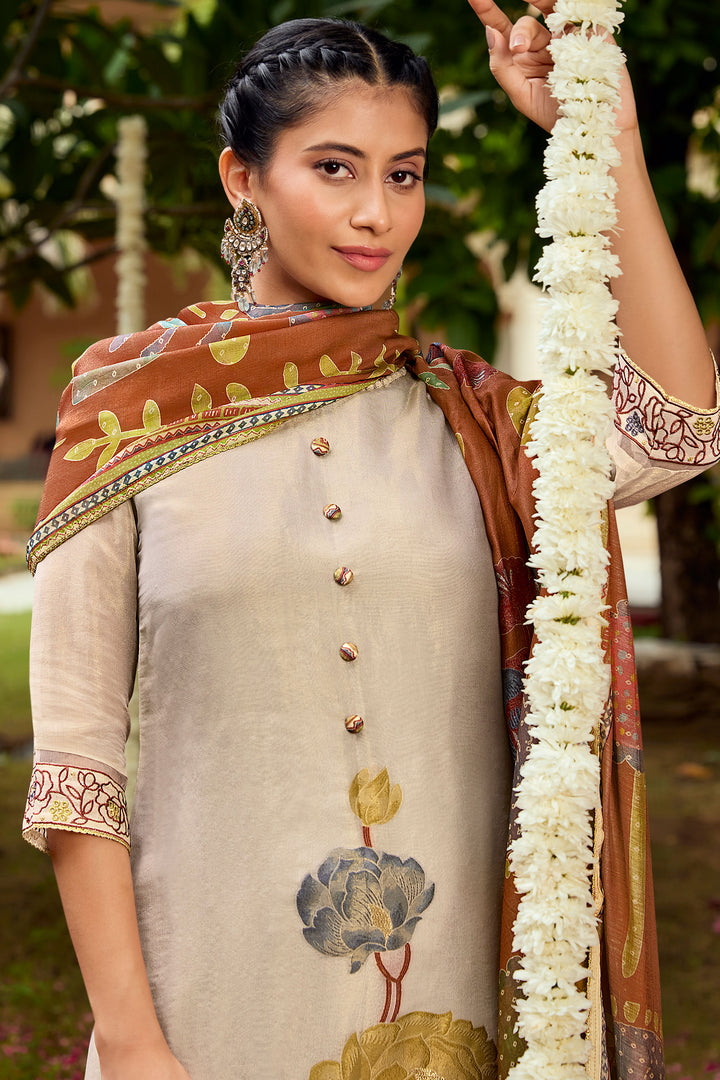 Beige Pure Tissue Jacquard With Fancy Embroidery Work Long Salwar Suit