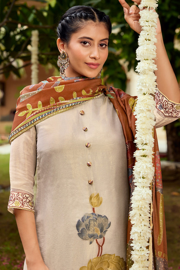 Beige Pure Tissue Jacquard Embroidered Designer Straight Cut Salwar Suit