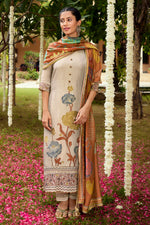 Load image into Gallery viewer, Beige Pure Tissue Jacquard With Fancy Embroidery Work Long Salwar Suit
