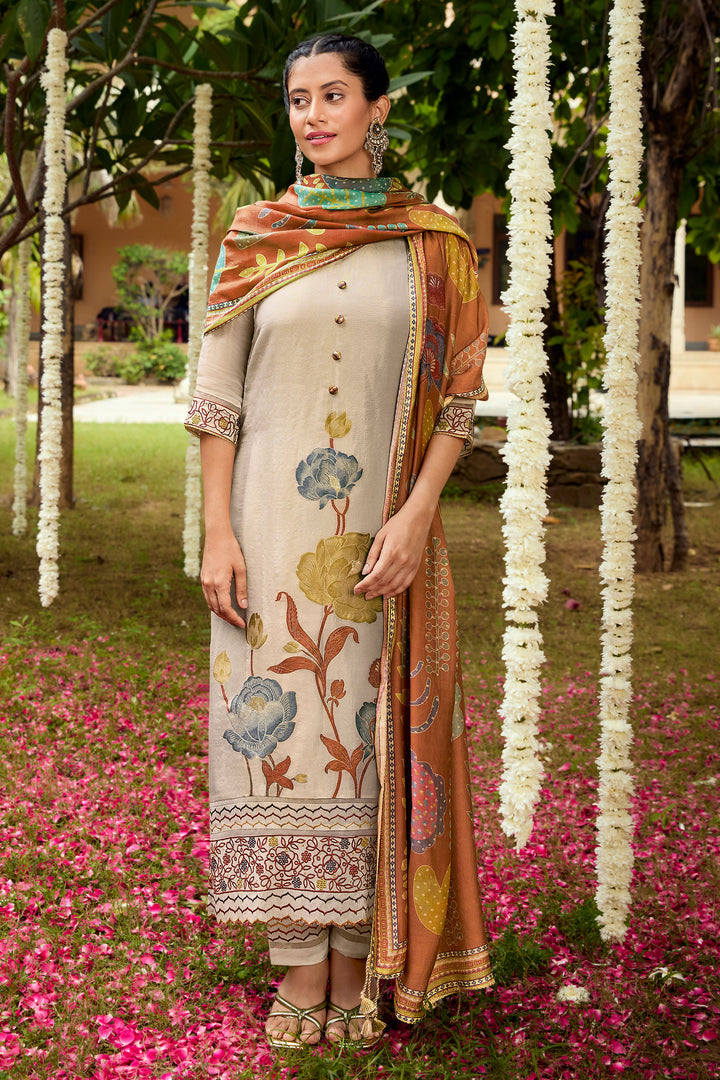 Beige Pure Tissue Jacquard With Fancy Embroidery Work Long Salwar Suit