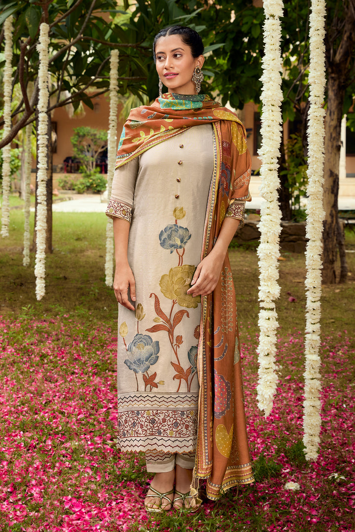 Beige Pure Tissue Jacquard Embroidered Designer Straight Cut Salwar Suit