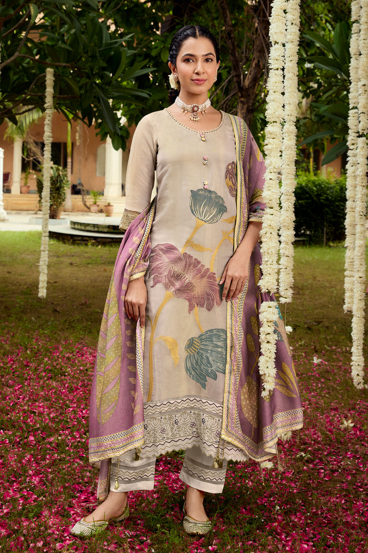 Beige Color Pure Tissue Jacquard With Fancy Embroidery Work Long Suit