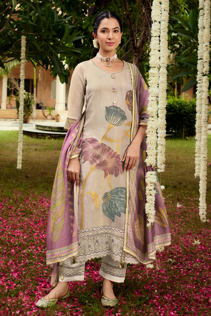 Elegant Beige Tissue Jacquard Fancy Embroidery Salwar Kameez