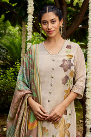 Premium Beige Straight Cut Suit With Tissue Jacquard And Digital Dupatta