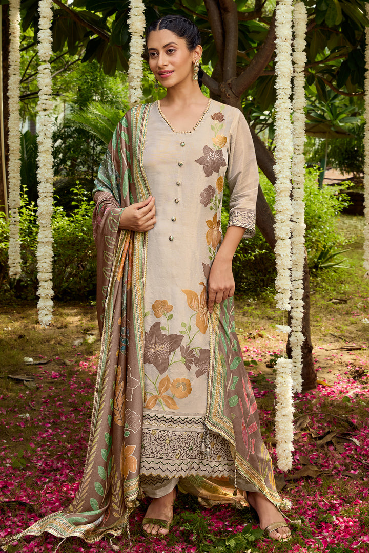 Premium Beige Straight Cut Suit With Tissue Jacquard And Digital Dupatta