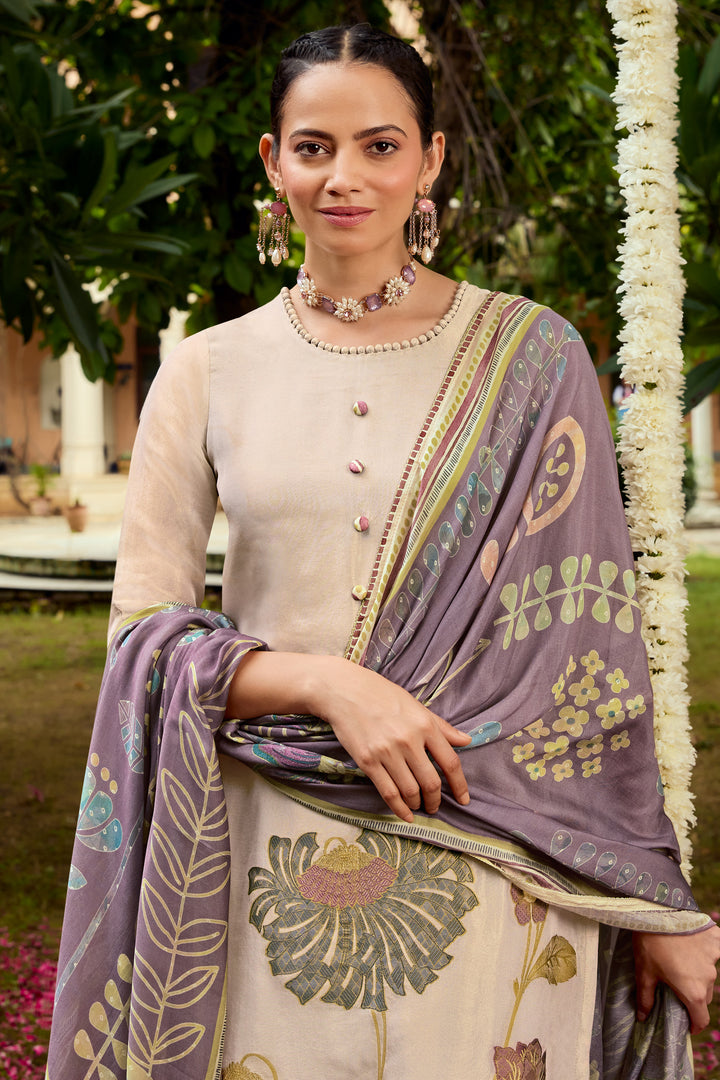 Designer Beige Tissue Jacquard Salwar Kameez With Embroidered Work