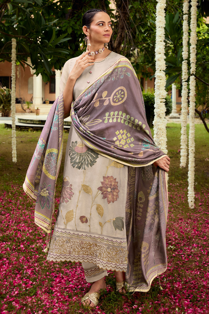 Pure Tissue Jacquard With Fancy Embroidery Work Long Salwar Kameez In Beige Color